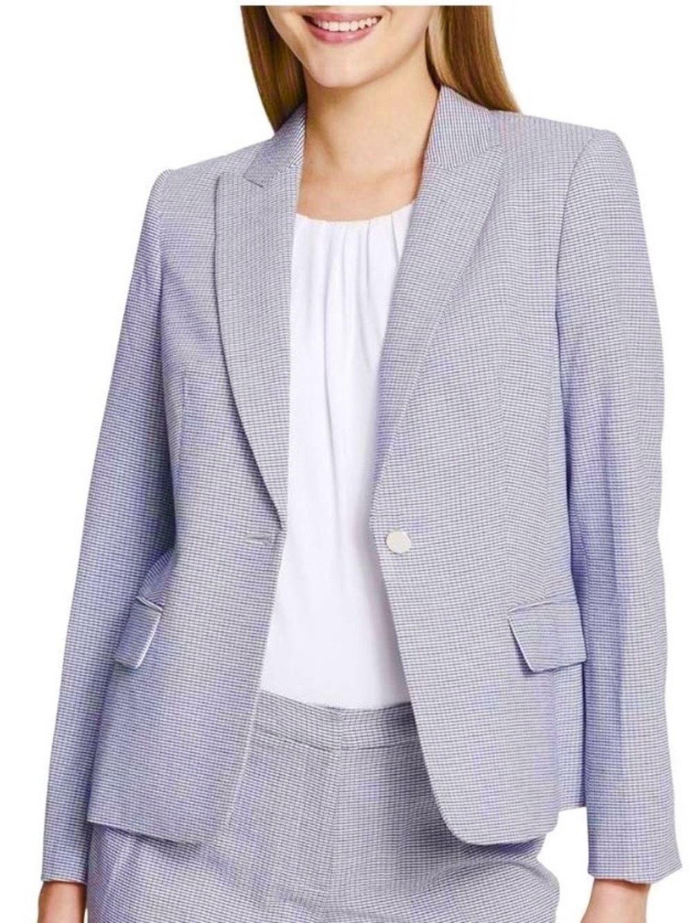 Calvin Klein Single Button Houndstooth Seersucker Navy White Lined Blazer NEW 12